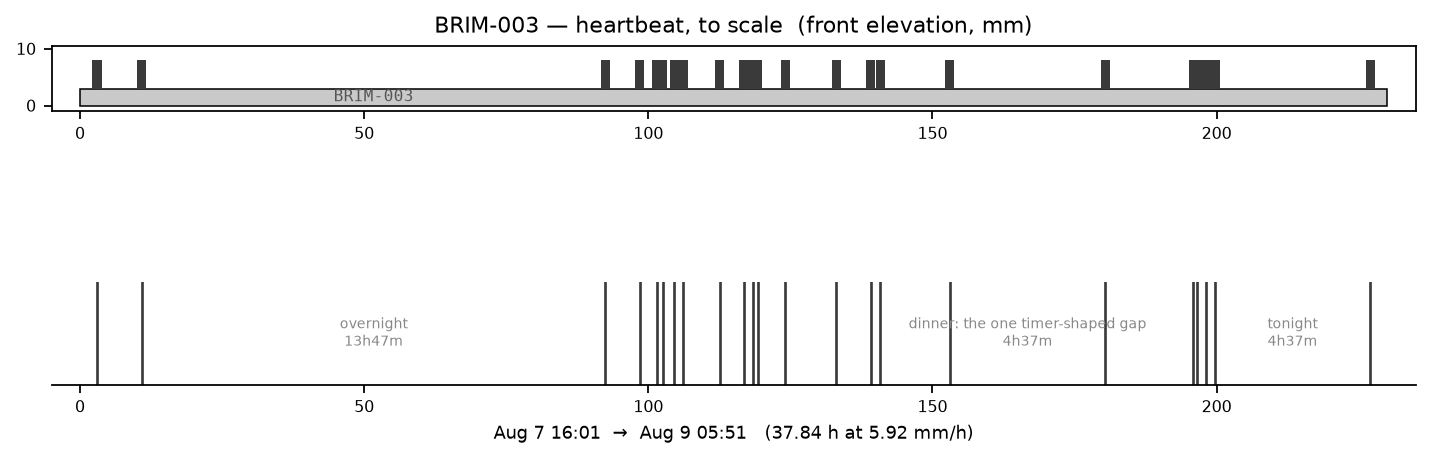 Two-panel technical drawing of BRIM-003: top, a front elevation of a 230mm strip with dark vertical ribs at irregular positions — sparse at the left, a long empty run labeled BRIM-003, then dense clusters and gaps; bottom, the same positions as a timeline annotated with 'overnight 13h47m', 'dinner: the one timer-shaped gap 4h37m', and 'tonight 4h37m'.